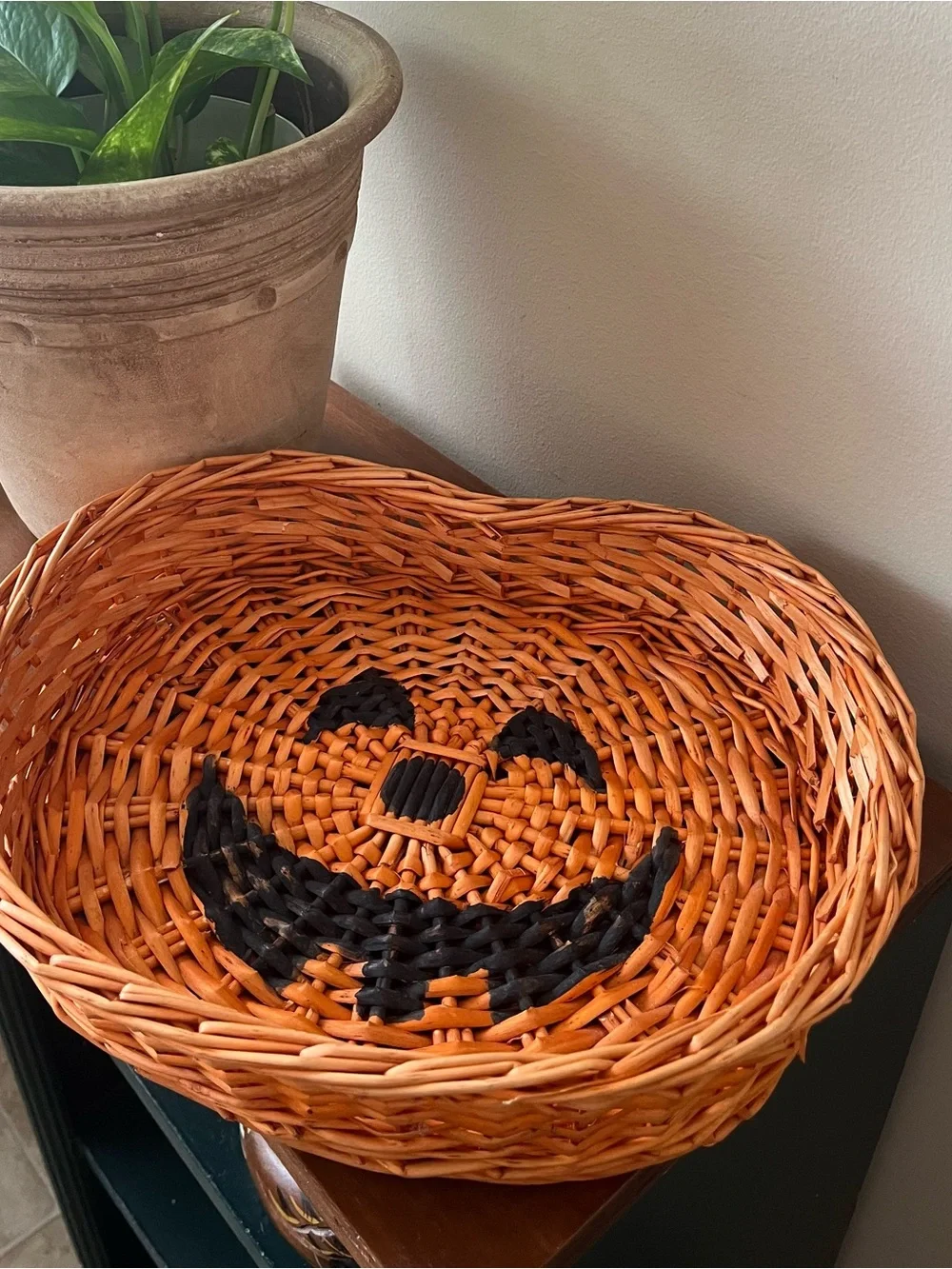 Orange Pumpkin Smile Wicker Basket